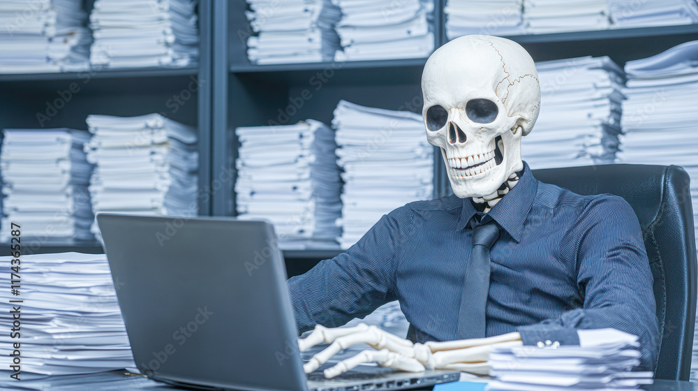 Office skeleton working on laptop amidst piles of paper creative workspace humorous concept Office skeleton working on laptop amidst piles of paper creative workspace humorous concept