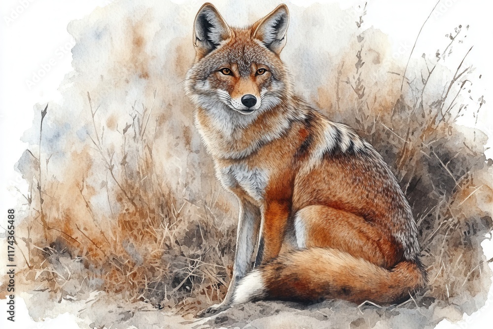 Fototapeta premium A detailed watercolor illustration of a coyote sitting amidst dry grass.