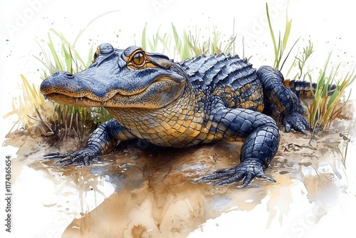 A detailed illustration of an alligator resting on the ground near grass.