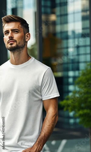 A handsome man with a beard wearing a white t-shirt and jeans.
