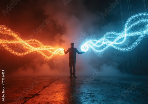 Person controlling vibrant blue and orange energy streams in a dark environment photo