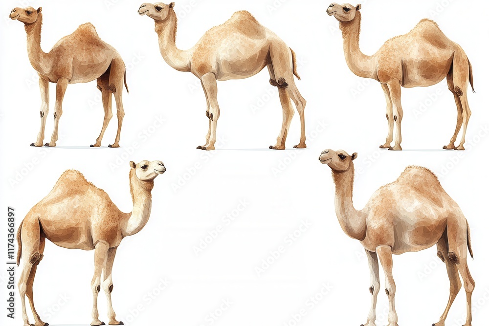 Naklejka premium Illustration of camels in various poses against a white background.