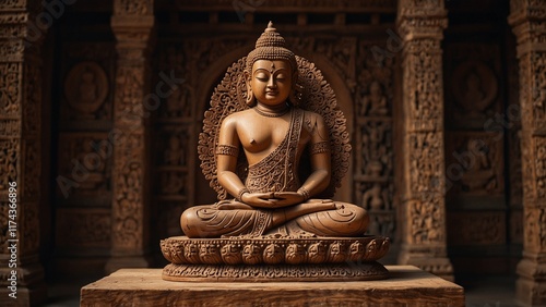 A serene wooden statue of Mahavira, seated in meditation pose, with intricate carvings of Jain temples and symbols on the base.