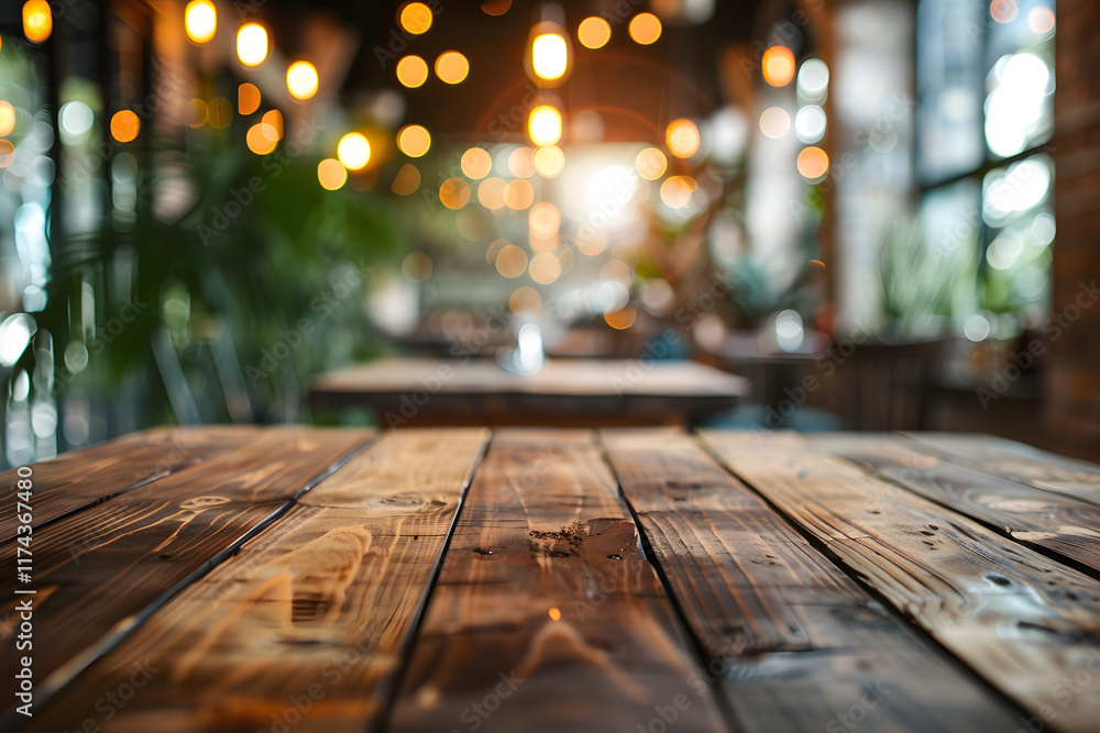 Rustic Wooden Table in Blurred Cafe Interior Rustic Wooden Table in Blurred Cafe Interior
