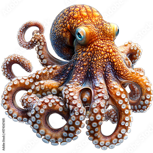 Detailed close-up of an octopus with vibrant orange and brown skin, large eyes, and numerous tentacles. photo