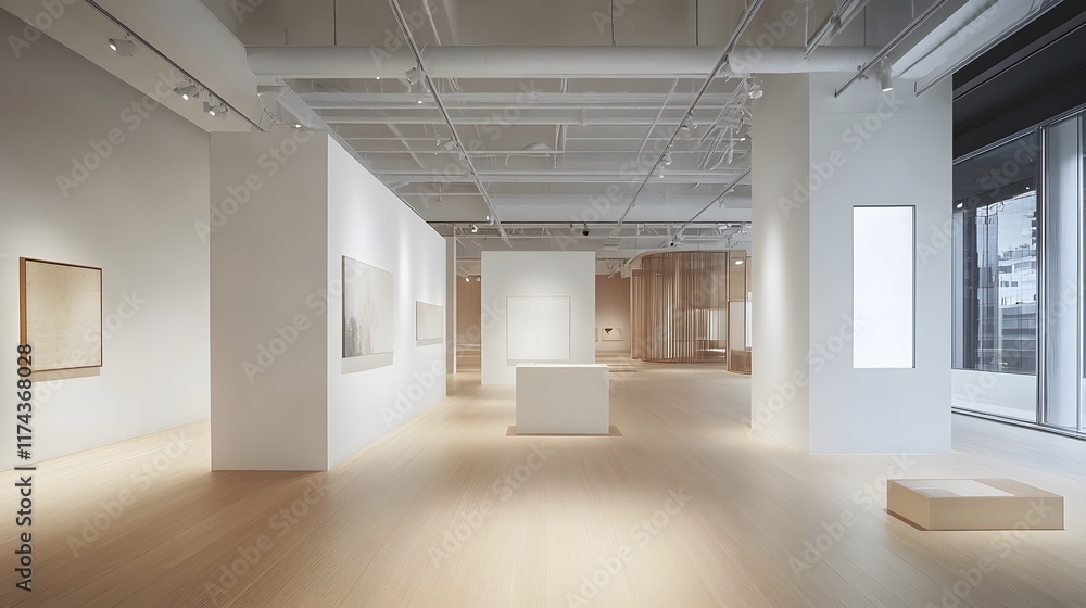 Fototapeta premium An elegant, expansive exhibition space with white walls, wooden floors, and a sleek, minimalist design to create a perfect space for product showcasing