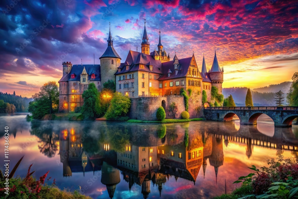 Obraz premium Surreal Schloss Schaumburg, Fantasy Castle, Dreamlike Architecture, AI Art, Digital Painting, Esoteric Beauty