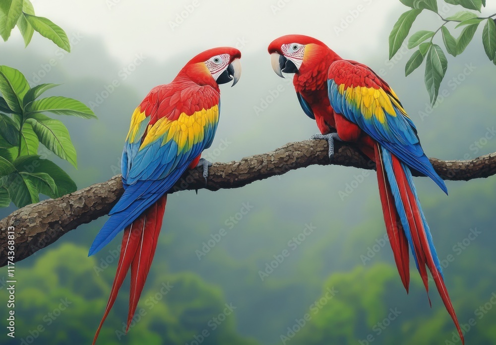 Obraz premium Two red parrots with blue and yellow feathers perched on a tree branch in the rainforest