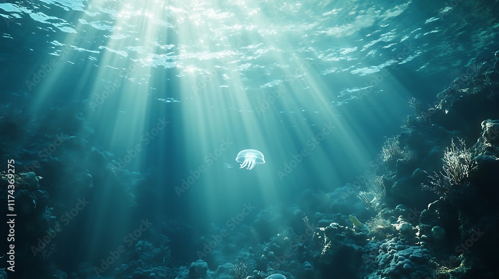 Fototapeta premium Sunbeams Illuminate Jellyfish in Underwater Paradise