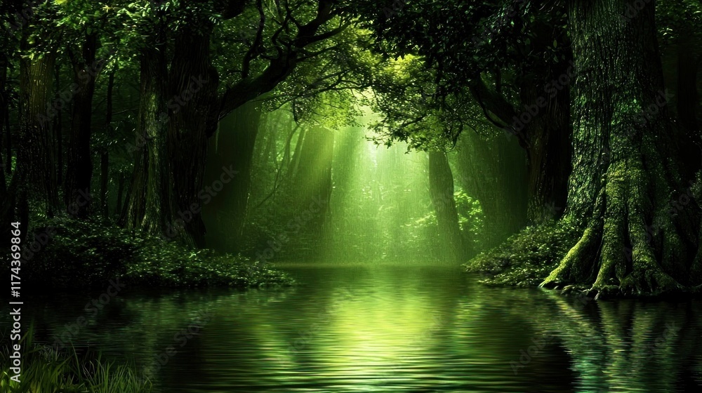 Serene forest scene with lush greenery and tranquil water reflections. Serene forest scene with lush greenery and tranquil water reflections.