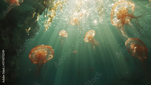 Sunbeams Illuminate a Swarm of Jellyfish Underwater