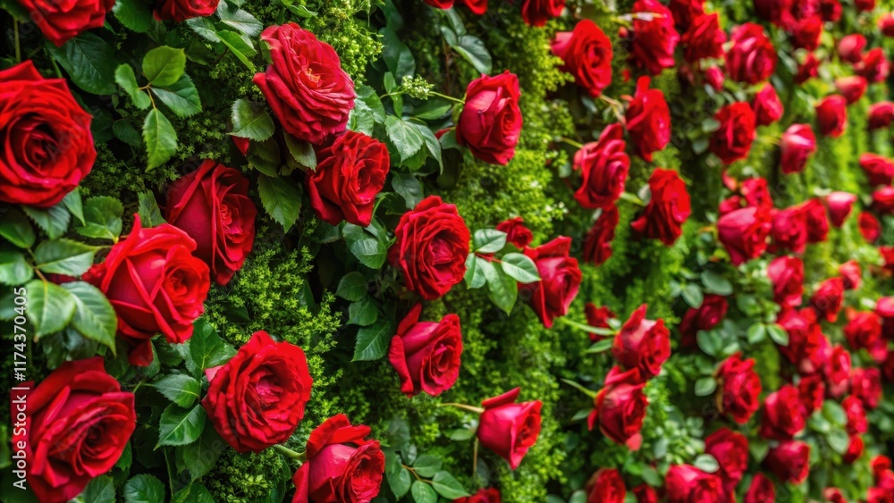 Fototapeta premium Vibrant red roses cascade down a lush green wall, creating a stunning floral backdrop perfect for any occasion , flower wall, elegant background