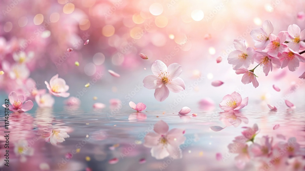 Fototapeta premium Soft pink sakura petals gently floating downwards against a serene and tranquil background, delicate petals, floral motifs
