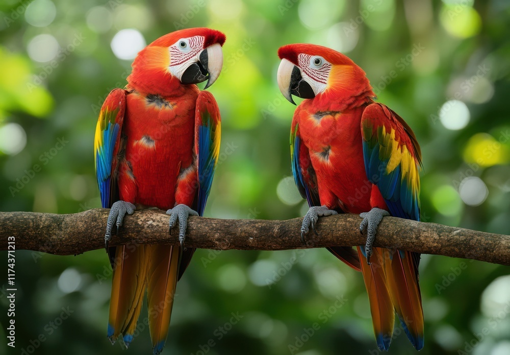 Obraz premium Two red parrots with blue and yellow feathers perched on a tree branch in the rainforest