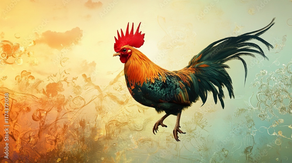 Fototapeta premium Majestic Rooster in Vibrant Sunrise: A Stunning Avian Portrait