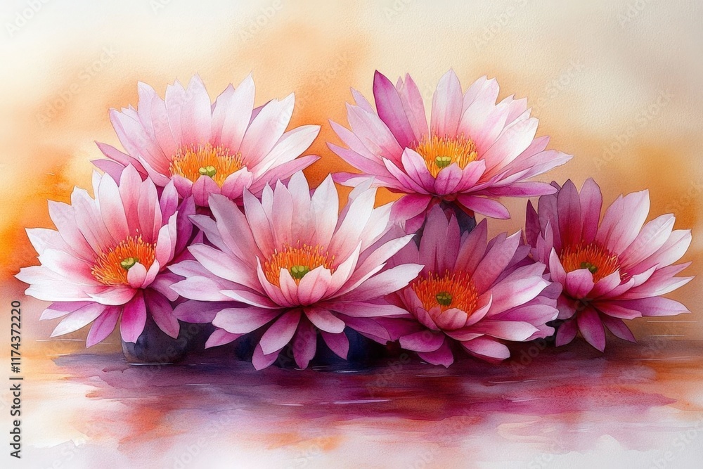 Fototapeta premium Pink water lilies in a soft, painterly style, grouped together on a reflective surface with a blurred background.