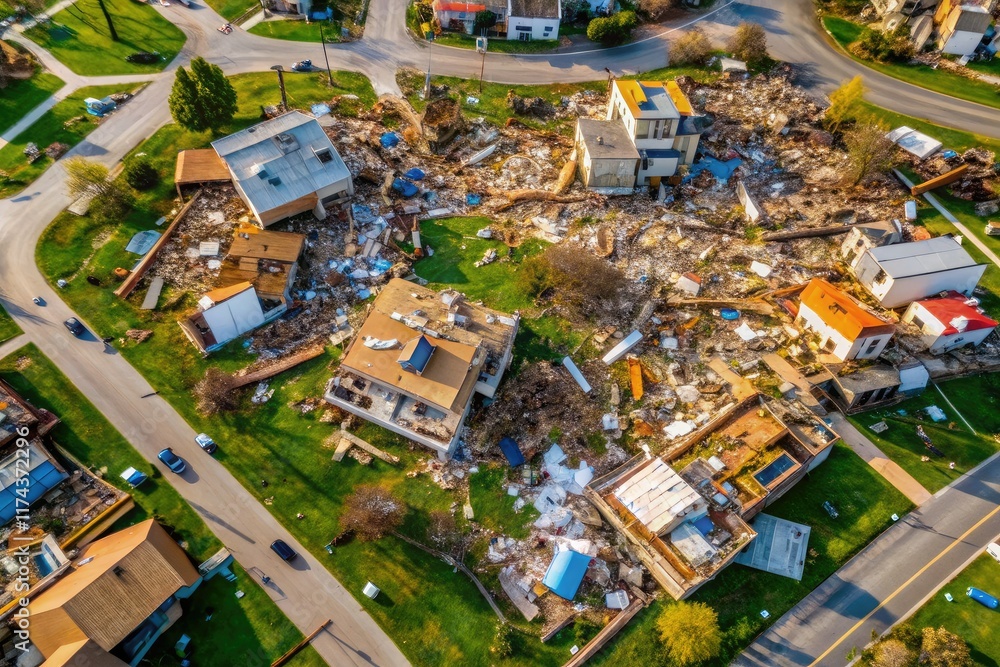 Naklejka premium Tornado Aftermath Debris Swirls, Ruined Homes, Aerial View