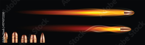 Set illustration of various high-speed bullets in motion, highlighting their aerodynamic shapes and the fiery trail they leave behind. The detailed illustration at the bottom displays different bullet