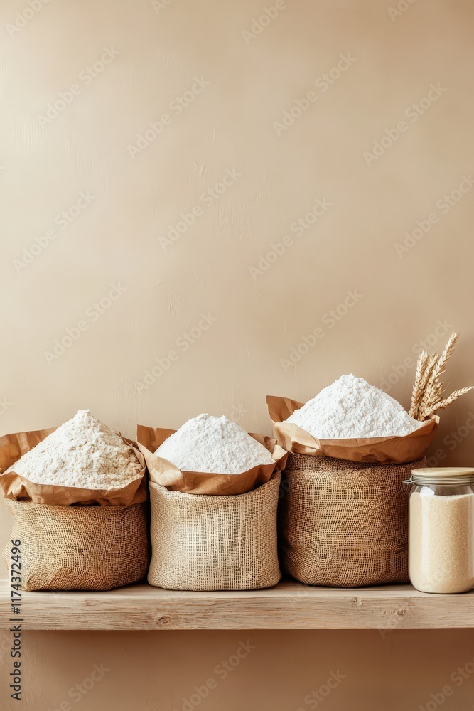 Bags of flour and sugar neatly arranged on shelves, pastel beige backdrop Bags of flour and sugar neatly arranged on shelves, pastel beige backdrop