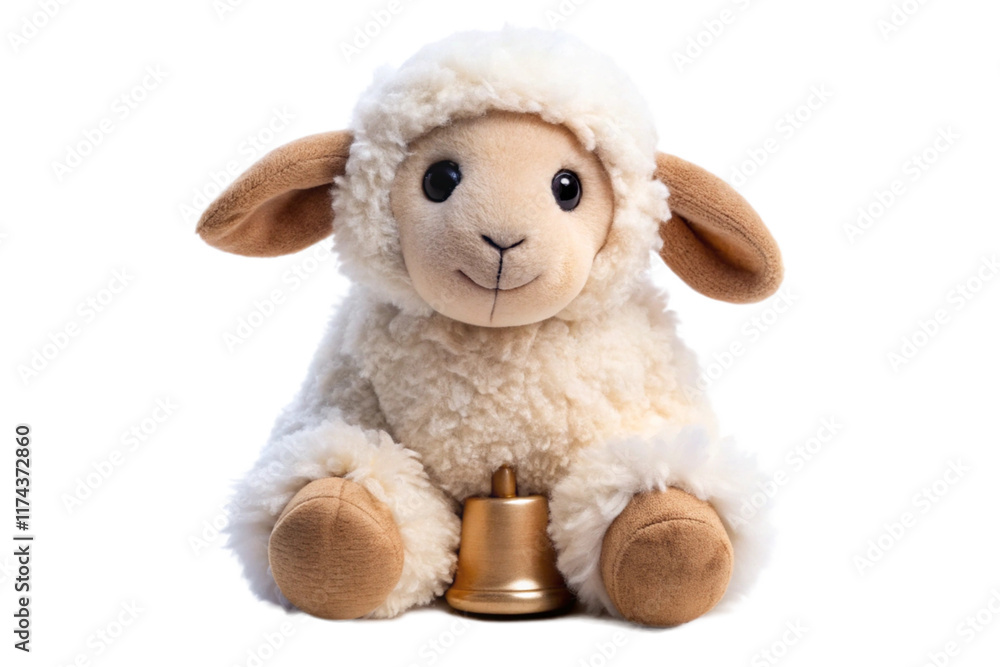 plush toy sheep with wooden bell on a white background plush toy sheep with wooden bell on a white background