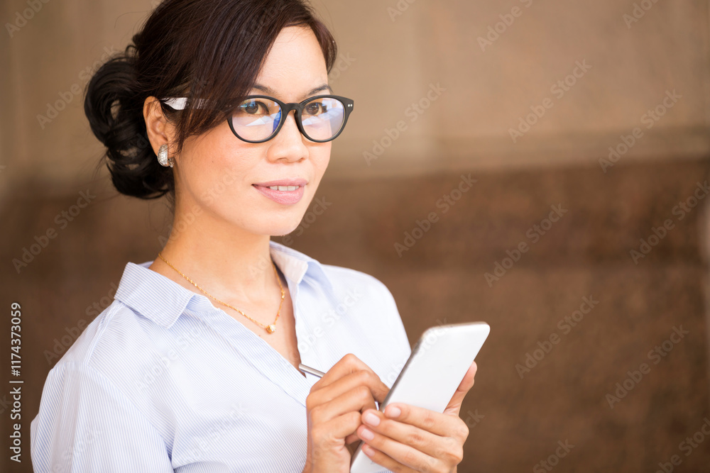 Portrait Adult Malaysian Woman Business Concept Working Texting Smartphone Portrait Adult Malaysian Woman Business Concept Working Texting Smartphone