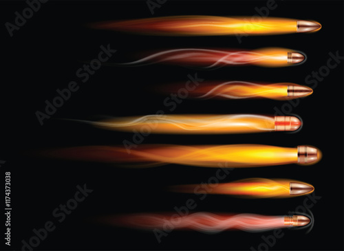 Set illustration of six bullets captured in motion, each leaving a distinct trail of fiery light as they speed through the dark background. The glowing trails vary in color from red to bright yellow