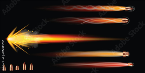 Set illustration of various types of bullets in flight, each showcasing dynamic motion trails and fiery effects to emphasize speed and power. The image captures the bullets' forward movement with