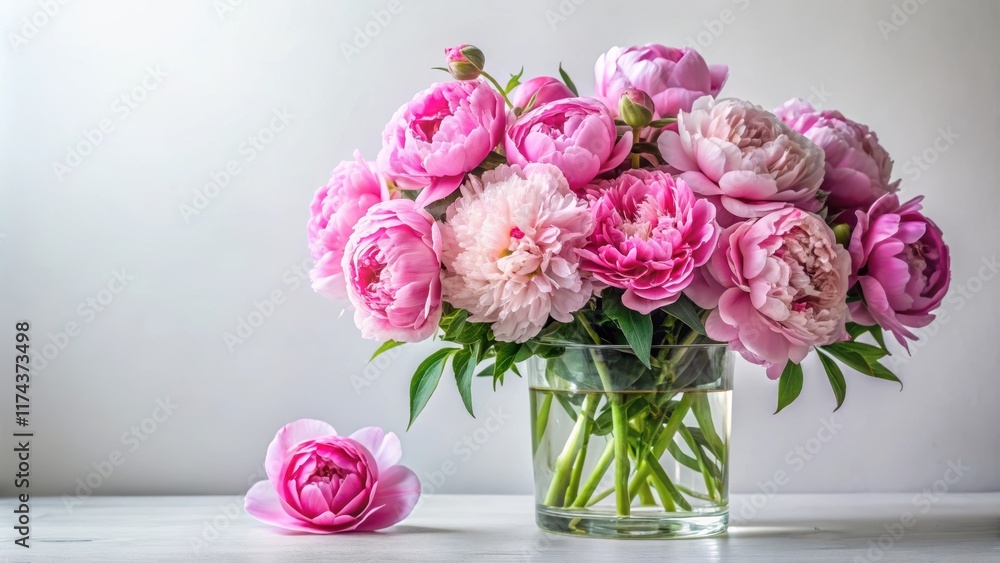 Luxurious pink peony flowers arranged in a beautiful bouquet, placed delicately in a clear glass vase with intricate details, against a soft white background, elegance, flower bouquet Luxurious pink peony flowers arranged in a beautiful bouquet, placed delicately in a clear glass vase with intricate details, against a soft white background, elegance, flower bouquet