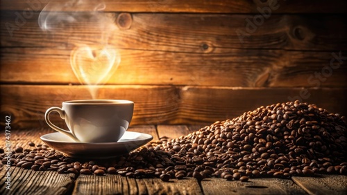 Cozy cup of coffee with heart-shaped smoke rising from a burlap sack on an old wooden background, surrounded by scattered coffee beans , warm lighting, cozy atmosphere