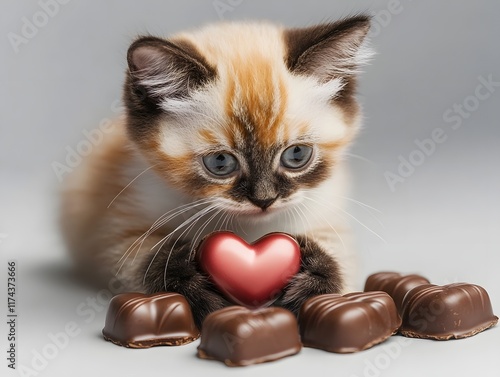 Adorable Kitten Gifting Heart Shaped Chocolates for Valentine s Day photo