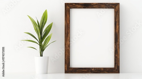 a simple elegant wooden picture frame sits on a white shelf - mockup template
