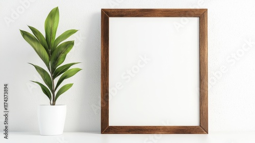 a simple elegant wooden picture frame sits on a white shelf - mockup template