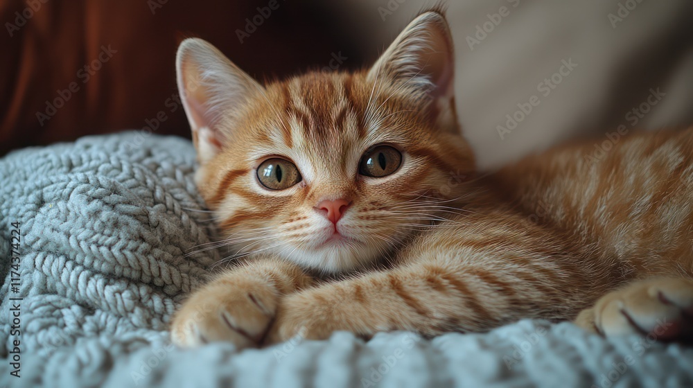 Obraz premium Adorable Ginger Kitten Resting on a Cozy Knitted Blanket
