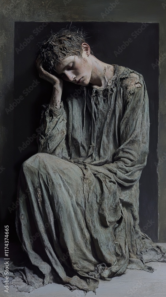 The Weight of Sorrow: A poignant sculpture depicting profound sadness and desolation The Weight of Sorrow: A poignant sculpture depicting profound sadness and desolation