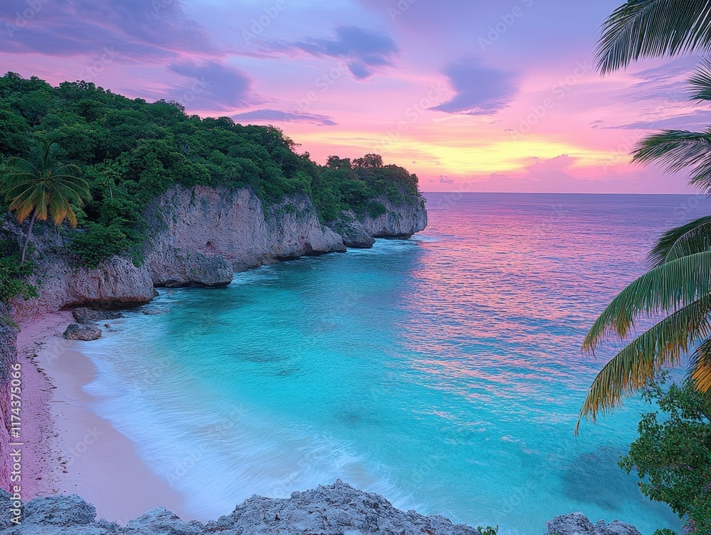 Fototapeta premium Pink sand beach at sunset, turquoise ocean, lush green cliffs.