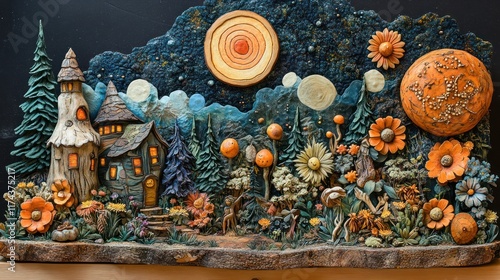 A vibrant, whimsical relief sculpture depicting a magical landscape with flowers and a house.