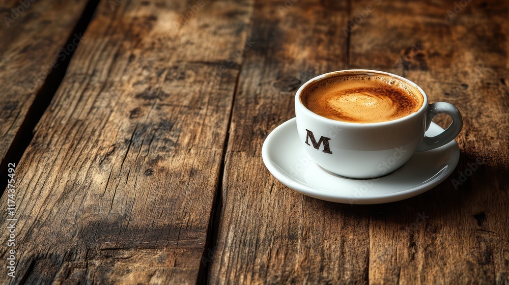 Obraz premium Aromatic Coffee in White Cup on Rustic Wooden Table