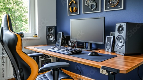 Modern gaming setup with ergonomic chair and dual speakers in a well-lit room photo