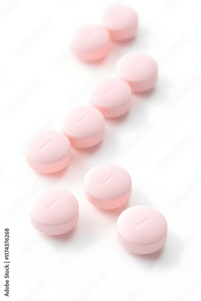 A row of pink tablets arranged neatly on a white background. A row of pink tablets arranged neatly on a white background.