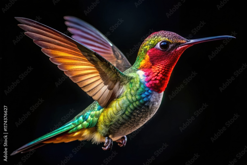 Fototapeta premium Vibrant Hummingbird Flight, Black Background, Food Photography Style