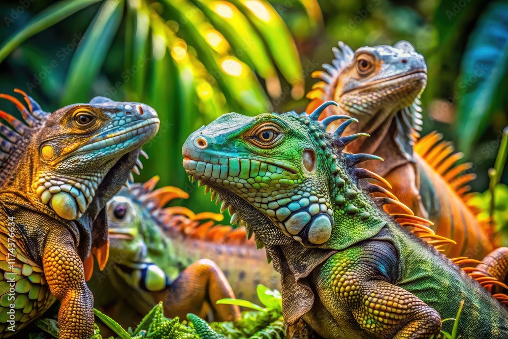 Fototapeta premium Vibrant Iguanas in Lush Green Jungle - AI Photo