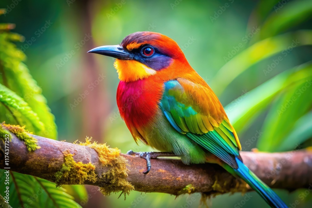 Fototapeta premium Vibrant Tropical Bird on Branch - Macro Photography AI Art