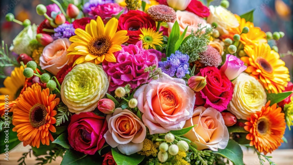 Colorful mix of fresh flowers arranged in a loose bouquet with varying flower sizes and shapes, blooms, beauty, blooms Colorful mix of fresh flowers arranged in a loose bouquet with varying flower sizes and shapes, blooms, beauty, blooms