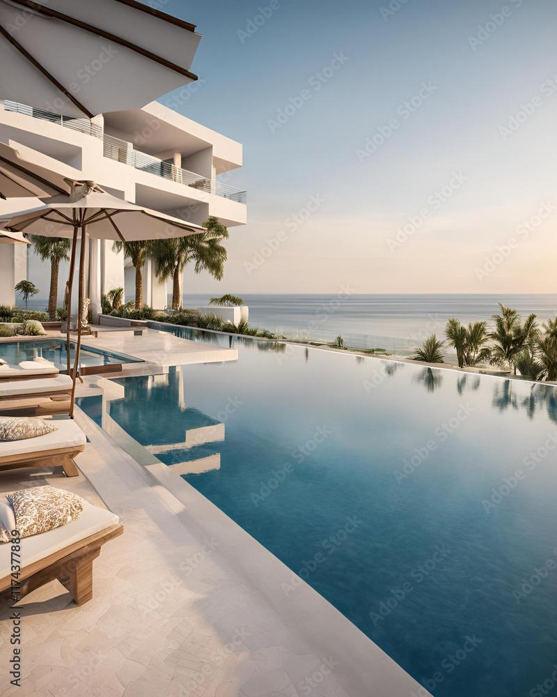 Obraz premium luxury beach resort, ocean view villa, beachfront property, private beach, exotic resort, tropical paradise, luxury hotel, scenic beach, villa with pool, waterfront villa, sun-soaked resort, tropical 