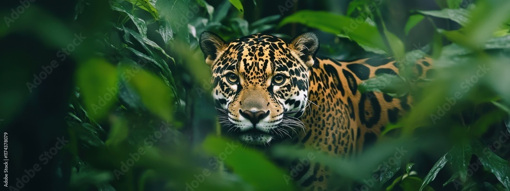 Naklejka premium The elusive beauty of a jaguar roaming the dense Amazon rainforest, Wildlife scene, Naturalistic style