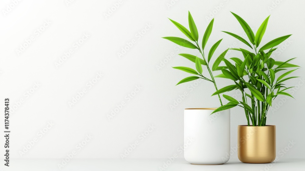 Green Plants in Stylish Pots on Simple Background Green Plants in Stylish Pots on Simple Background