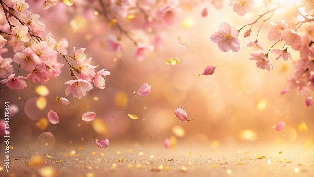 Fototapeta premium Soft pink sakura petals gently falling on a serene autumnal background with warm golden hues and subtle texture, petal, foliage