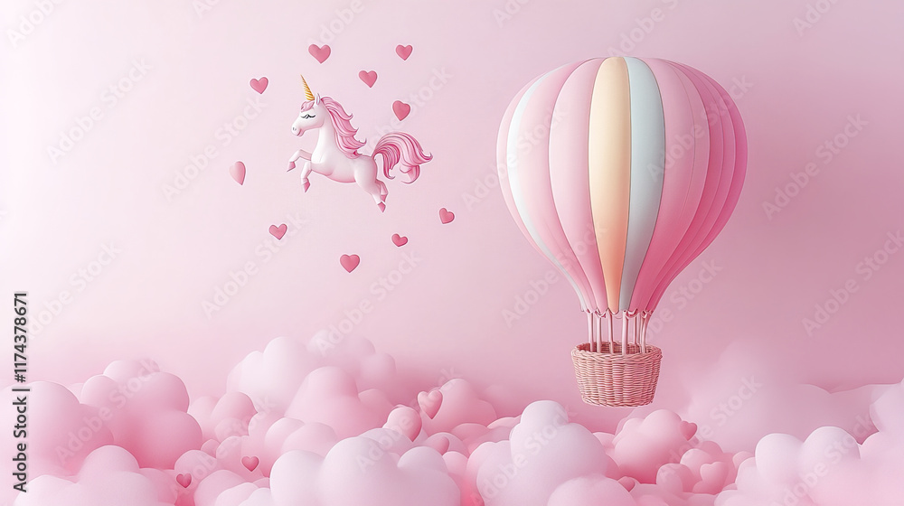 whimsical pastel pink scene featuring unicorn and hot air balloon, evoking joy whimsical pastel pink scene featuring unicorn and hot air balloon, evoking joy
