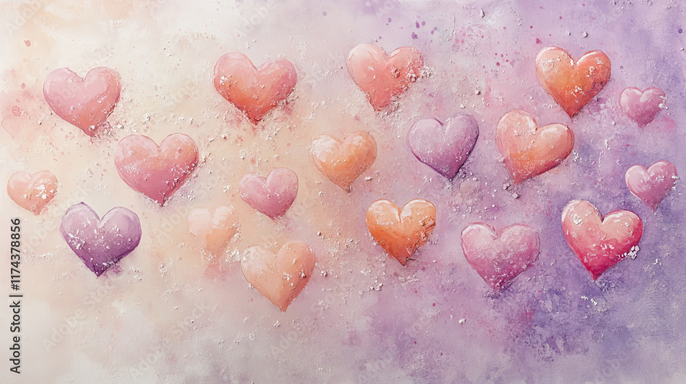 Obraz premium Soft pink, peach, and lavender hearts blend beautifully in this watercolor art