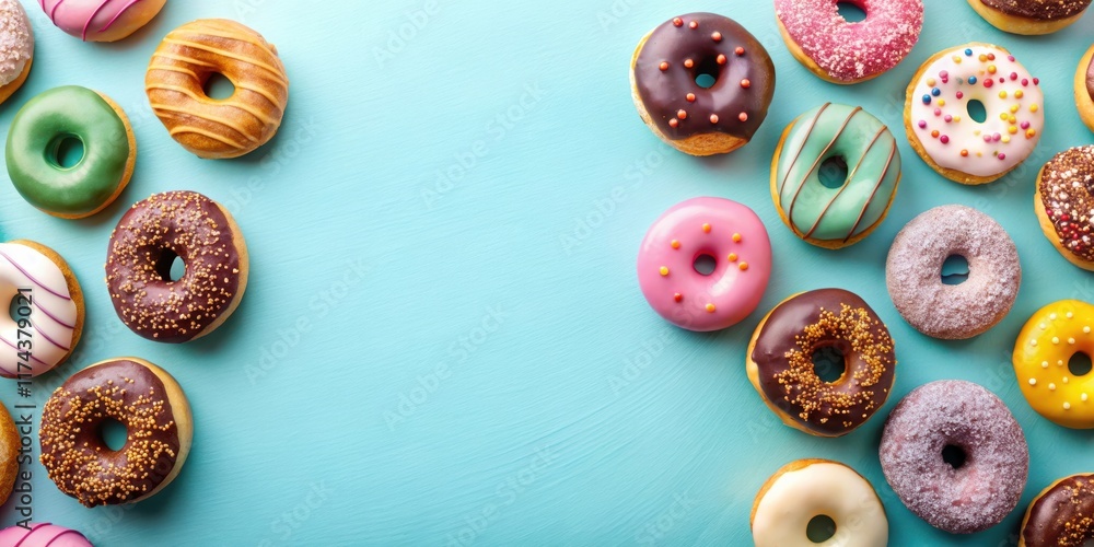 Assorted donuts on pastel blue background, dessert, sweet treats, dessert, sweet treats, sweet indulgence , food, donuts Assorted donuts on pastel blue background, dessert, sweet treats, dessert, sweet treats, sweet indulgence , food, donuts